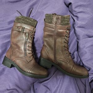 Burgundy Mid Calf Combat Riding Boots - Size 7.5